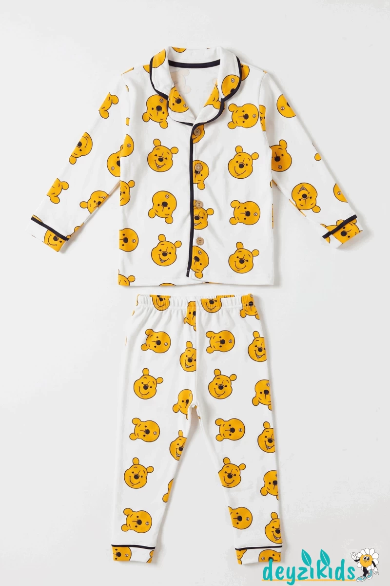 Winne Pooh Ayıcıklı Önden Düğmeli Bebek ve Çocuk Pijama Takımı 9-12-18-24-36 Aylık 2-3-4-5-6 Yaş