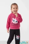 Love Gril Cute Yazılı ve Kedi Baskılı Kapşonlu Alt Üst Takım 2-3-4-5-6 Yaş