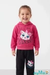 Love Gril Cute Yazılı ve Kedi Baskılı Kapşonlu Alt Üst Takım 2-3-4-5-6 Yaş