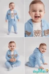 Ayıcık Baskılı Toy Bej Nakışlı 3’lü Kapşonlu Çeketli Alt -Üst Mevsimlik Uzun Kollu Takım