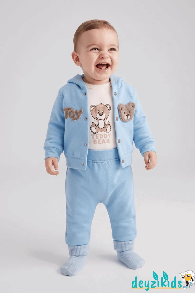Ayıcık Baskılı Toy Bej Nakışlı 3’lü Kapşonlu Çeketli Alt -Üst Mevsimlik Uzun Kollu Takım
