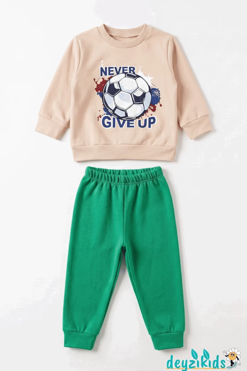 Never Gıve Up Baskılı Çizgili 2 İp Alt Üst Takım 6-9-12-18-24 Aylık - 1-2- Yaş