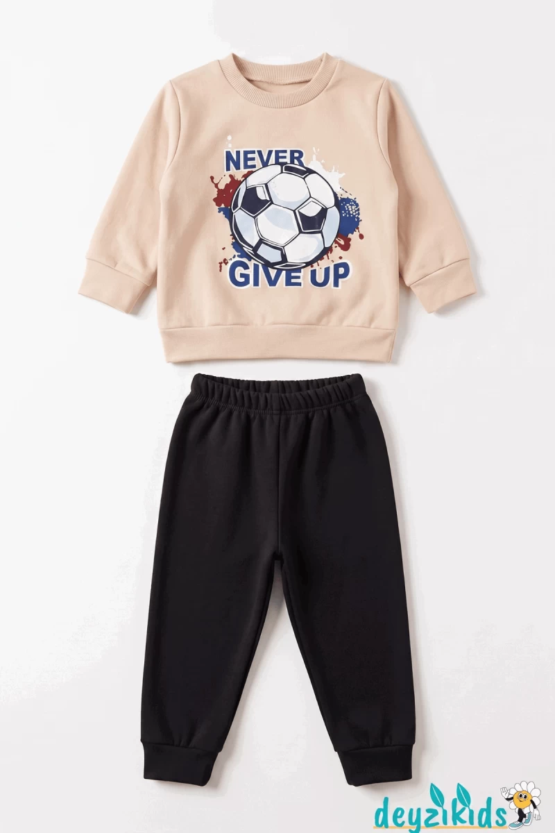 Never Gıve Up Baskılı Çizgili 2 İp Alt Üst Takım 6-9-12-18-24 Aylık - 1-2- Yaş