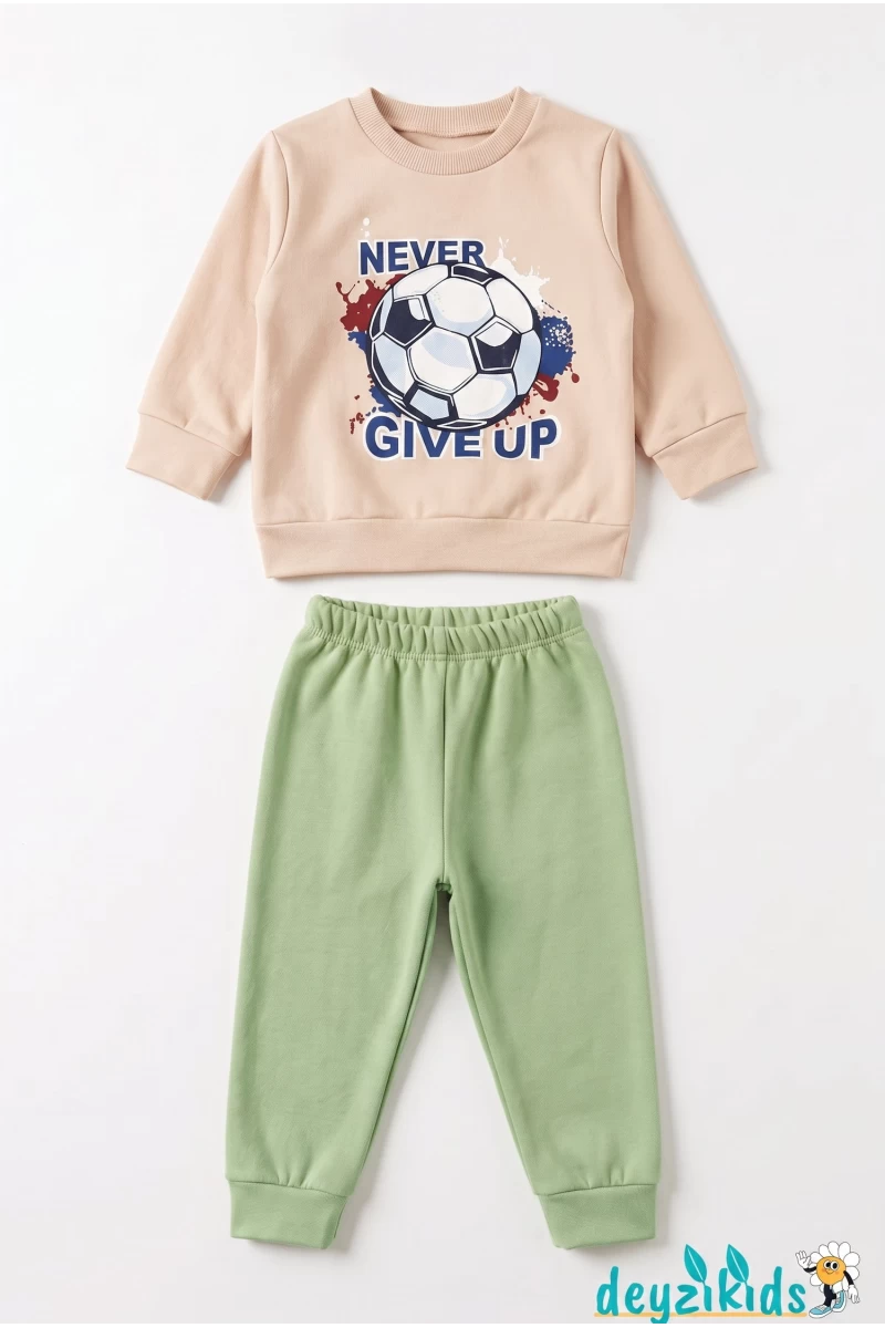 Never Gıve Up Baskılı Çizgili 2 İp Alt Üst Takım 6-9-12-18-24 Aylık - 1-2- Yaş