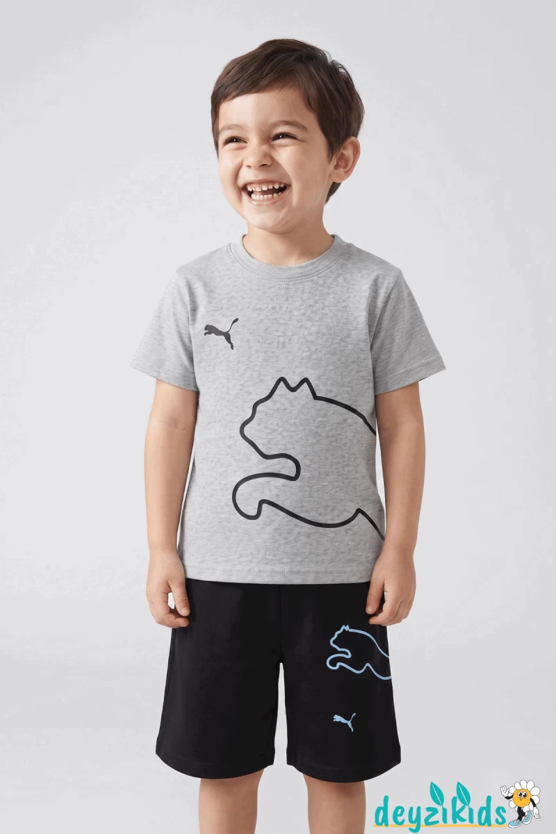 Kaplan Baskılı Yuvarlak Bisiklet Yakalı Kısa Kollu Beli Lastikli Şort Alt Üst Takım T-shirt Şort 3-4-5-6-7-8-9-10-11-12 Yaş