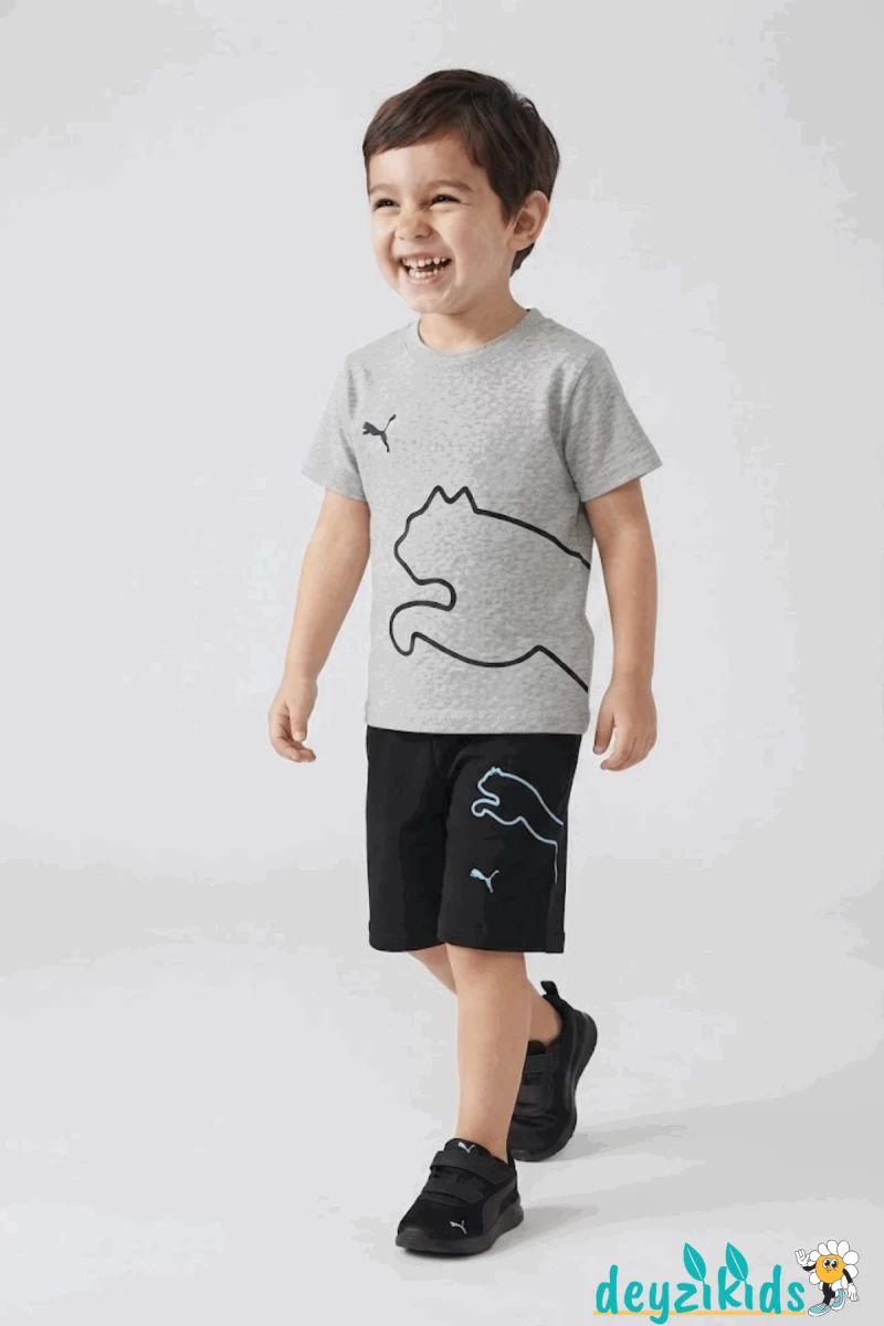 Kaplan Baskılı Yuvarlak Bisiklet Yakalı Kısa Kollu Beli Lastikli Şort Alt Üst Takım T-shirt Şort 3-4-5-6-7-8-9-10-11-12 Yaş